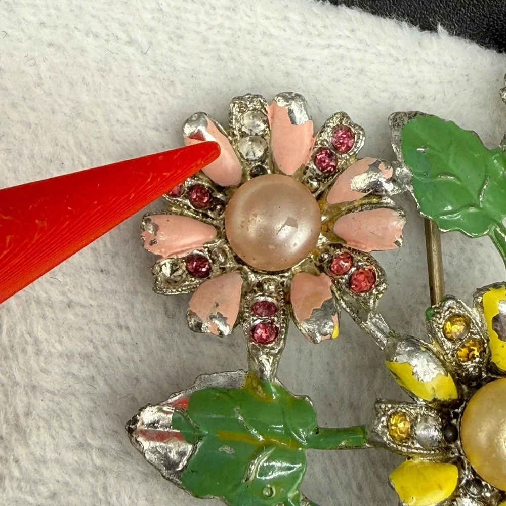 Vintage Rhinestone Flower Brooch Enamel Pastel Silver Tone Chippy READ
